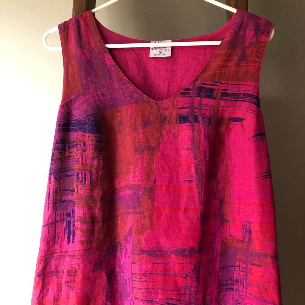 2/$20 Vibrant pink linen print midi dress EUC